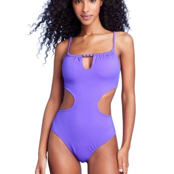 Shade & Shore Swimsuit Purple One Piece Cut Out Monokini L Large New - Picture 1 of 6